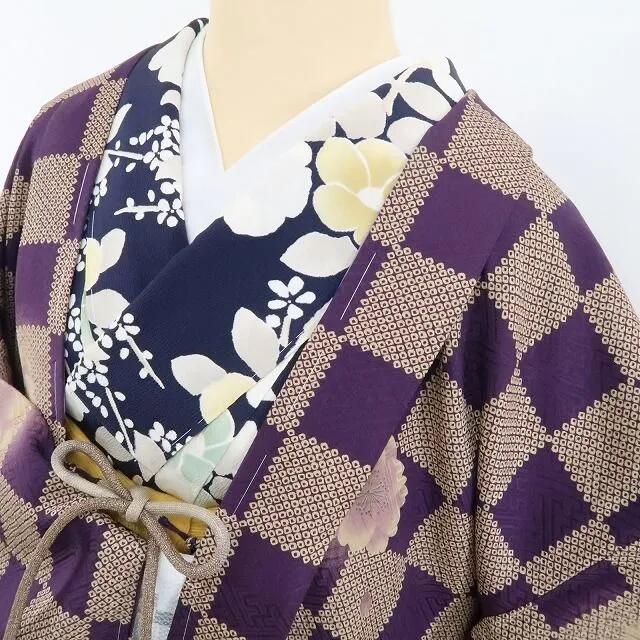 【新古品】tomihisa 新品 桜 市松 トランプ柄 紐付 着物 正絹 仕付け糸付 ロング丈 長羽織 4947