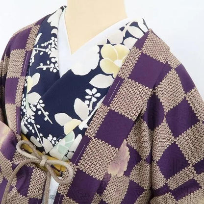 【新古品】tomihisa 新品 桜 市松 トランプ柄 紐付 着物 正絹 仕付け糸付 ロング丈 長羽織 4947