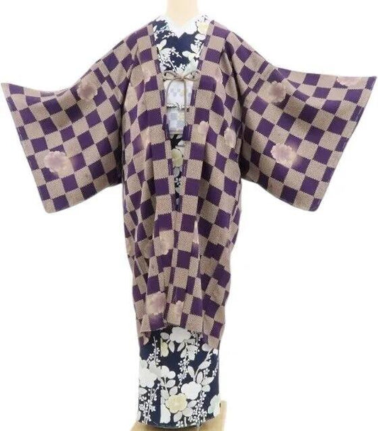 【新古品】tomihisa 新品 桜 市松 トランプ柄 紐付 着物 正絹 仕付け糸付 ロング丈 長羽織 4947