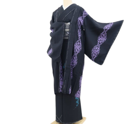 【新古品】tomihisa 新品 薔薇 アイアン調 着物 正絹 ロング丈 仕付け糸付 長羽織 5160