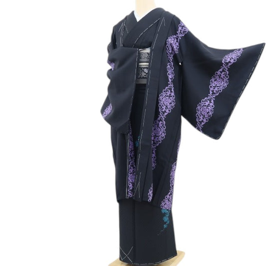 【新古品】tomihisa 新品 薔薇 アイアン調 着物 正絹 ロング丈 仕付け糸付 長羽織 5160