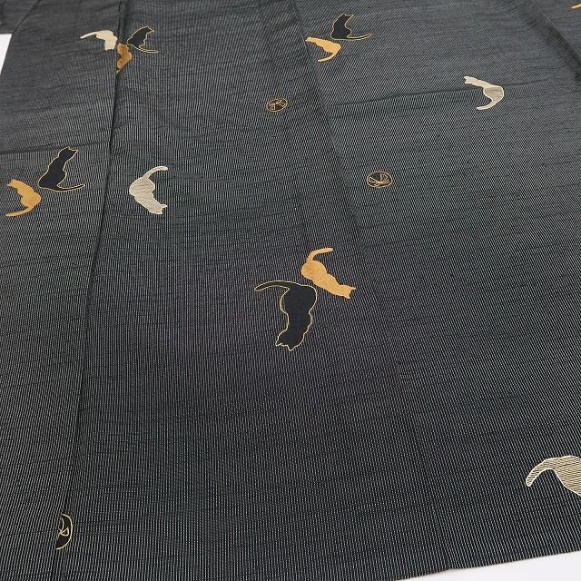 【新古品】tomihisa 新品 単衣 猫 刺繍 着物 正絹 仕付け糸付 紬 5428