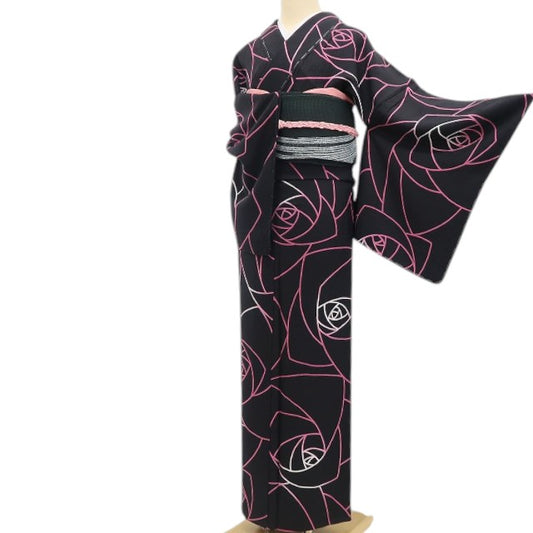 【新古品】tomihisa 新品 単衣 薔薇 着物 正絹 仕付け糸付 小紋 5549