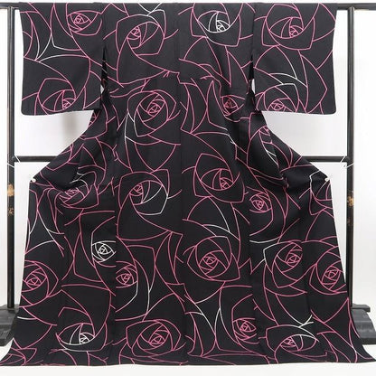【新古品】tomihisa 新品 単衣 薔薇 着物 正絹 仕付け糸付 小紋 5549