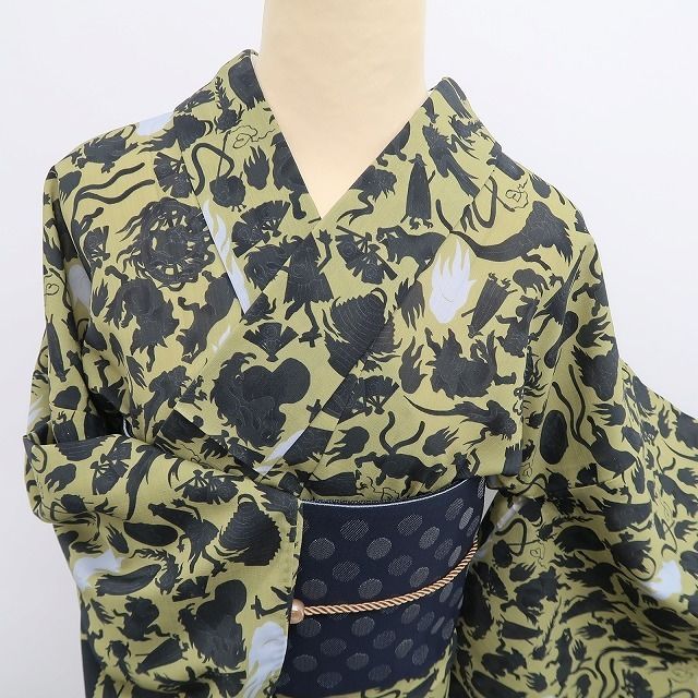 【新品】tomihisa 新品 撫松庵 妖怪シルエット セオアルファ 洗える夏着物 仕付け糸付 小紋 浴衣 6223