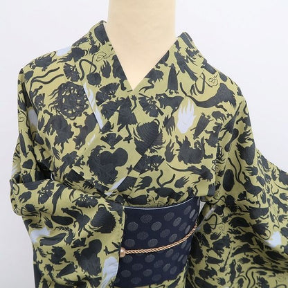 【新品】tomihisa 新品 撫松庵 妖怪シルエット セオアルファ 洗える夏着物 仕付け糸付 小紋 浴衣 6223
