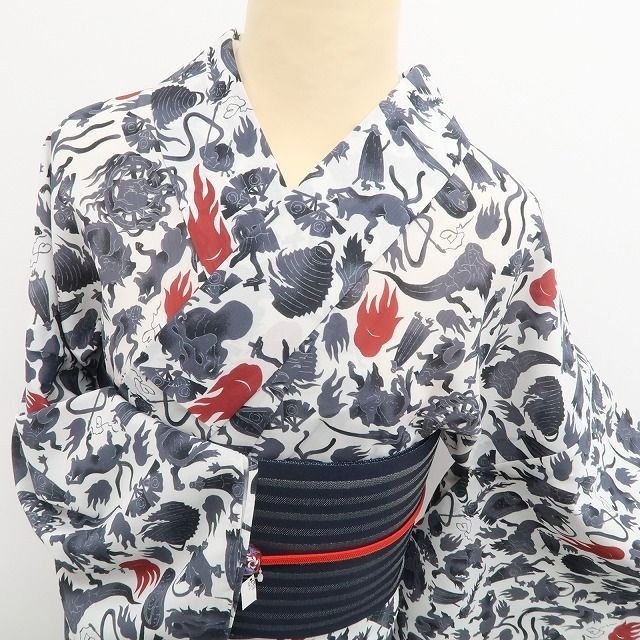 【新品】tomihisa 新品 撫松庵 妖怪シルエット セオアルファ 洗える夏着物 仕付け糸付 小紋 浴衣 6224