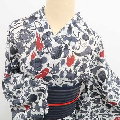 【新品】tomihisa 新品 撫松庵 妖怪シルエット セオアルファ 洗える夏着物 仕付け糸付 小紋 浴衣 6224