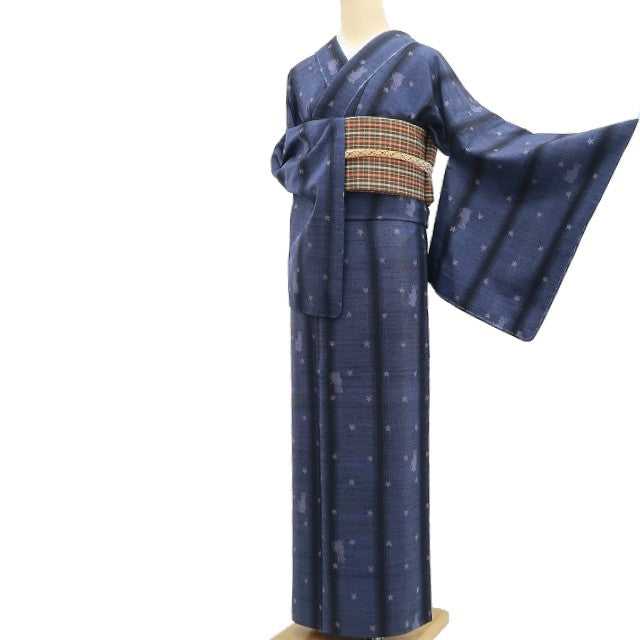 【新古品】tomihisa 新品 単衣 奥順謹製 はたおり娘 猫×星 着物 仕付け糸付 証紙付 結城紬 6615