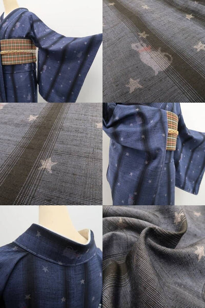 【新古品】tomihisa 新品 単衣 奥順謹製 はたおり娘 猫×星 着物 仕付け糸付 証紙付 結城紬 6615