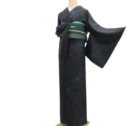 【新古品】tomihisa 新品 単衣 片身替わり 蜘蛛の巣 着物 正絹 仕付け糸付 トールサイズ お召 6619