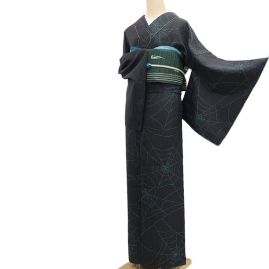 【新古品】tomihisa 新品 単衣 片身替わり 蜘蛛の巣 着物 正絹 仕付け糸付 トールサイズ お召 6619