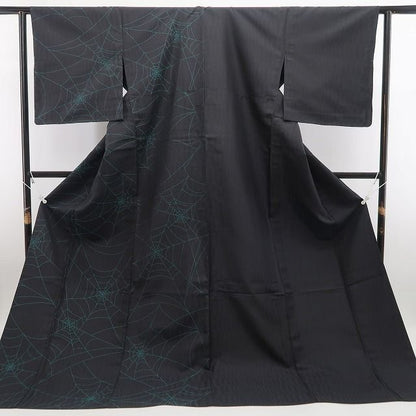 【新古品】tomihisa 新品 単衣 片身替わり 蜘蛛の巣 着物 正絹 仕付け糸付 トールサイズ お召 6619
