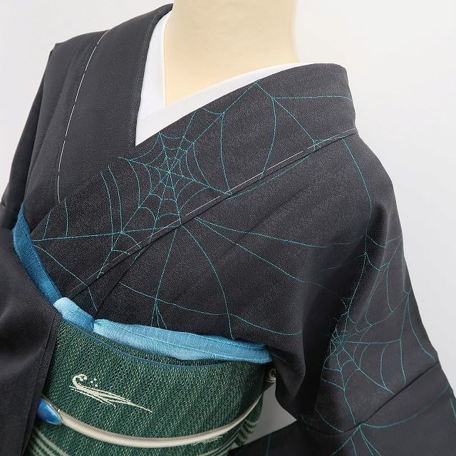 【新古品】tomihisa 新品 単衣 片身替わり 蜘蛛の巣 着物 正絹 仕付け糸付 トールサイズ お召 6619
