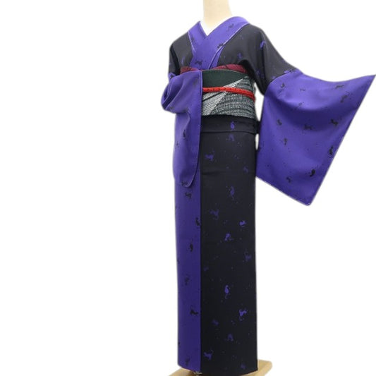 【新古品】tomihisa 新品 単衣 猫 着物 正絹 仕付け糸付 小紋 6643