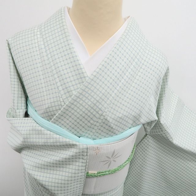 【新古品】tomihisa 新品 単衣 格子柄 着物 正絹 仕付け糸付 小紋 6689