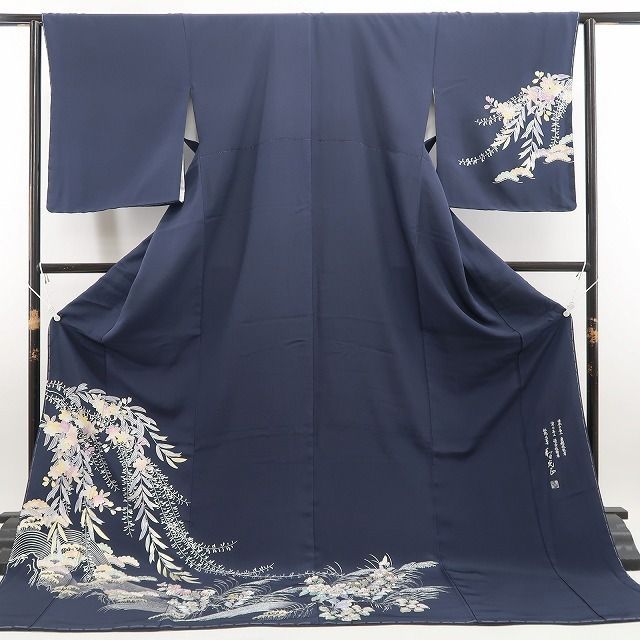 tomihisa 新品 金彩友禅作家 和田光正 落款 桜 着物 正絹 仕付け糸付 トールサイズ”青褐に宿る品格の金彩”訪問着 6914