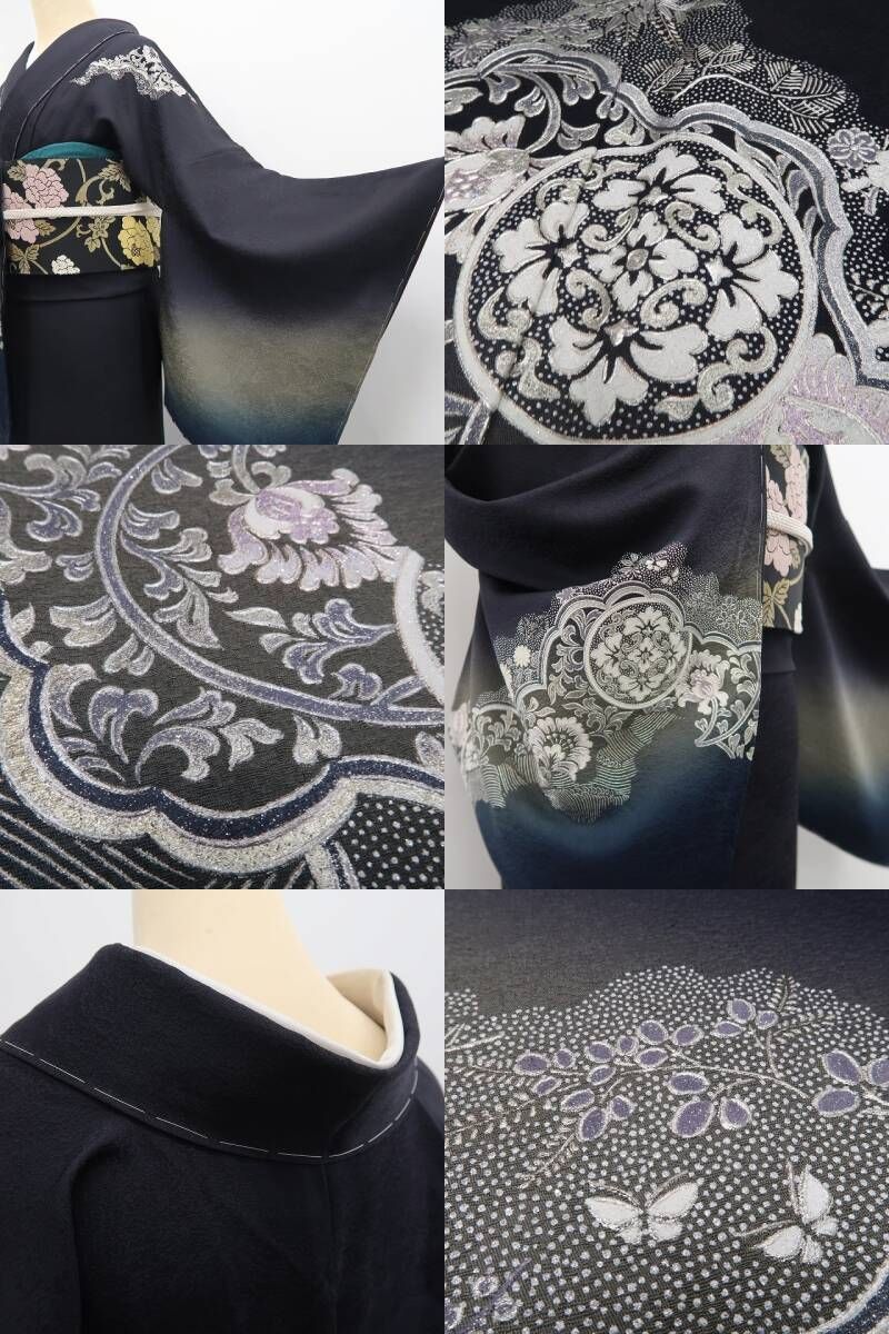 tomihisa 新品 金彩友禅作家 和田光正 落款 唐花 着物 正絹 仕付け糸付 トールサイズ”紫黒に浮かぶ金彩の煌めき”訪問着 6916