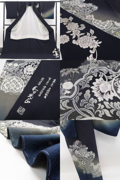 tomihisa 新品 金彩友禅作家 和田光正 落款 唐花 着物 正絹 仕付け糸付 トールサイズ”紫黒に浮かぶ金彩の煌めき”訪問着 6916