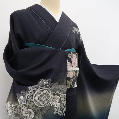 tomihisa 新品 金彩友禅作家 和田光正 落款 唐花 着物 正絹 仕付け糸付 トールサイズ”紫黒に浮かぶ金彩の煌めき”訪問着 6916