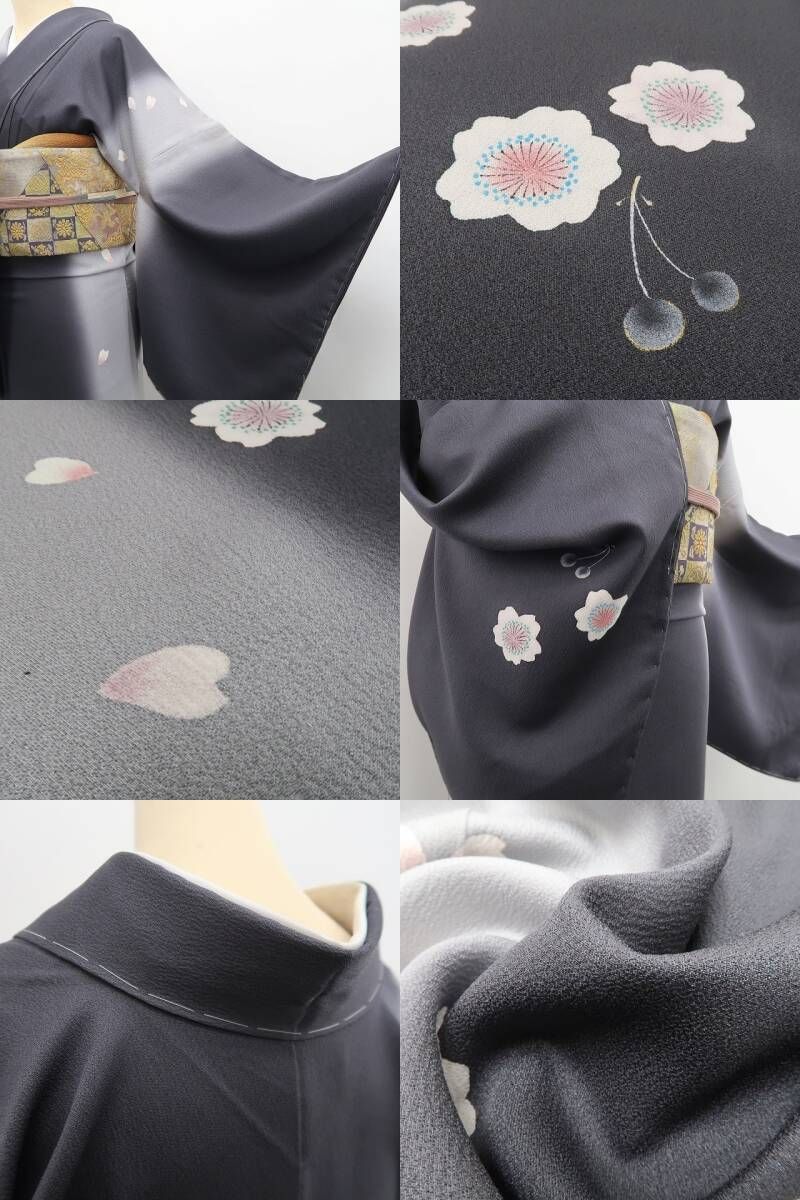tomihisa 新品 桜×さくらんぼ モノトーン 着物 仕付け糸付 トールサイズ”上品な佇まいに愛らしさを添えるさくらんぼ”訪問着 6950