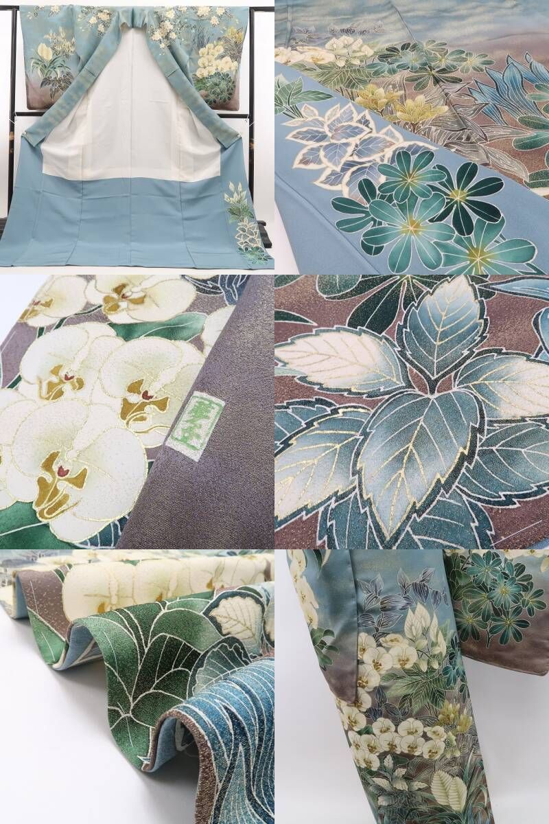 tomihisa 美品 胡蝶蘭 金通し 落款 着物 仕付け糸付 作家物 トールサイズ”幸福を運び晴れの日を彩る胡蝶蘭”訪問着 6954