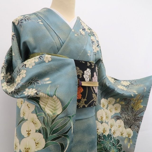 tomihisa 美品 胡蝶蘭 金通し 落款 着物 仕付け糸付 作家物 トールサイズ”幸福を運び晴れの日を彩る胡蝶蘭”訪問着 6954