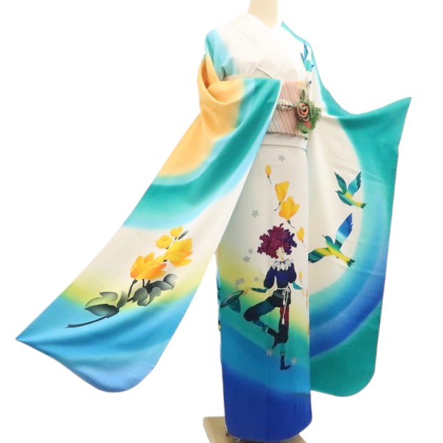 【中古】tomihisa 絵本作家 永田萠 メルヘン 銀通し 着物 正絹 成人式 振袖 7003