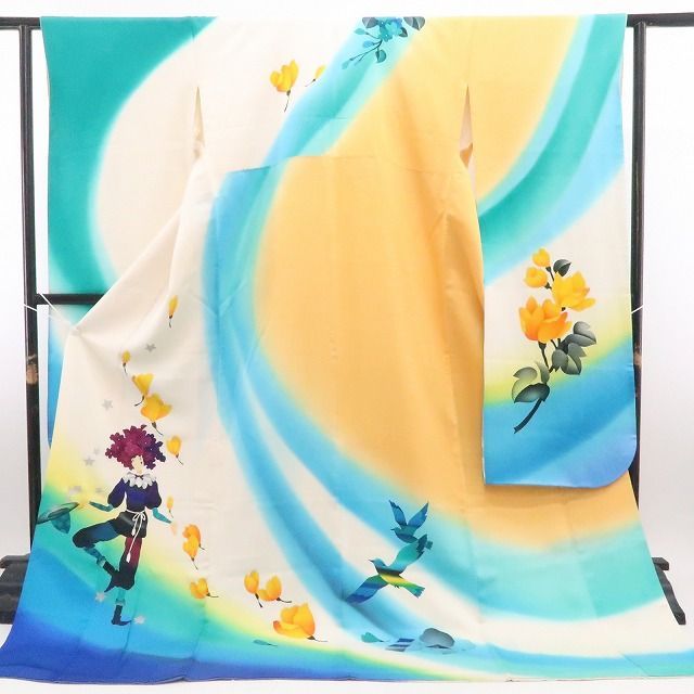 【中古】tomihisa 絵本作家 永田萠 メルヘン 銀通し 着物 正絹 成人式 振袖 7003