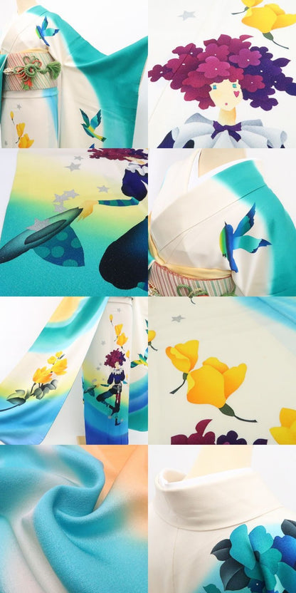 【中古】tomihisa 絵本作家 永田萠 メルヘン 銀通し 着物 正絹 成人式 振袖 7003