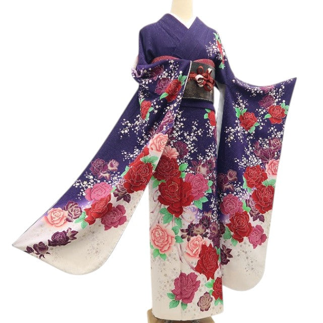 【中古】tomihisa 薔薇 銀通し 着物 正絹 成人式 振袖 7005