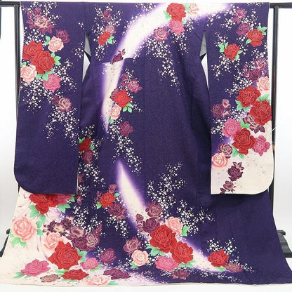 【中古】tomihisa 薔薇 銀通し 着物 正絹 成人式 振袖 7005