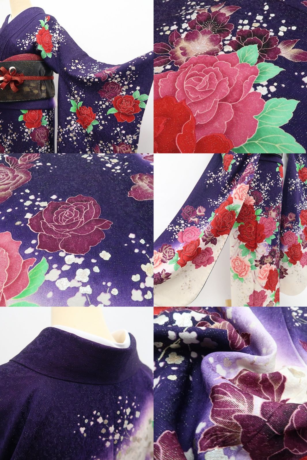 【中古】tomihisa 薔薇 銀通し 着物 正絹 成人式 振袖 7005