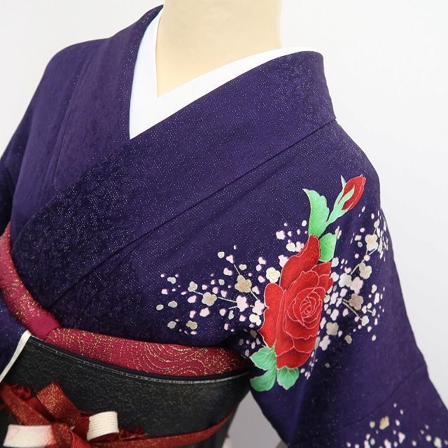 【中古】tomihisa 薔薇 銀通し 着物 正絹 成人式 振袖 7005