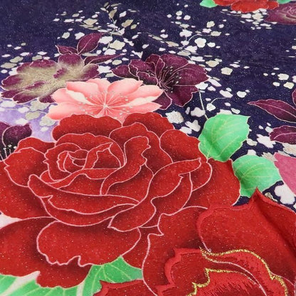 【中古】tomihisa 薔薇 銀通し 着物 正絹 成人式 振袖 7005