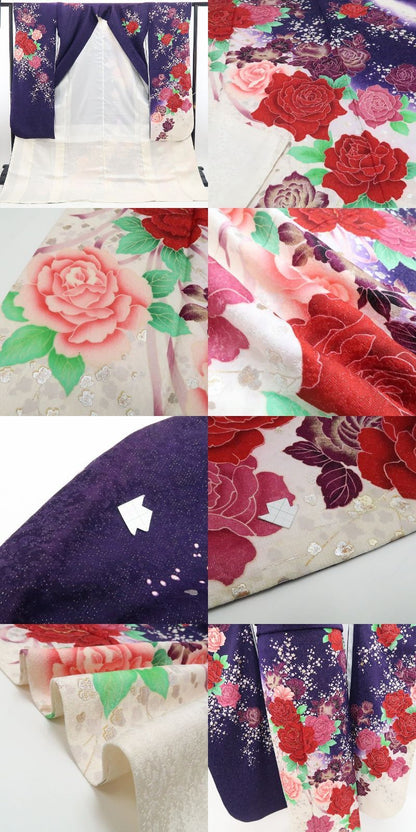 【中古】tomihisa 薔薇 銀通し 着物 正絹 成人式 振袖 7005