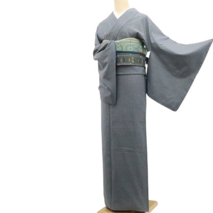 【中古】tomihisa 美品 奥順謹製 はたおり娘 縦縞 着物 正絹 証紙付 仕付け糸付 結城紬 7425