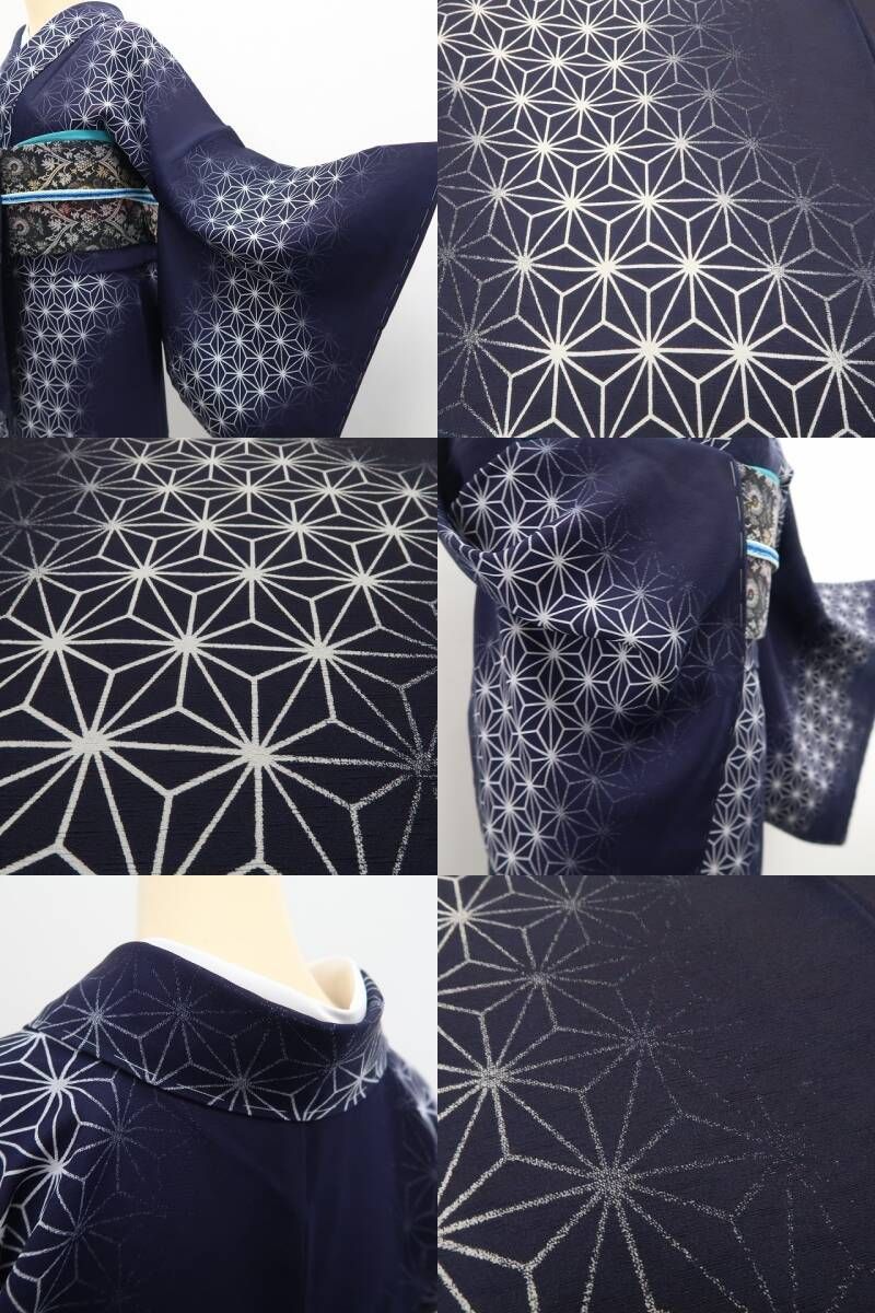 【中古】tomihisa 未着用 橋詰清貴 落款 麻の葉 着物 正絹 仕付け糸付 藍染 小紋 7440