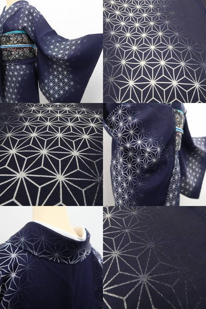 【中古】tomihisa 未着用 橋詰清貴 落款 麻の葉 着物 正絹 仕付け糸付 藍染 小紋 7440