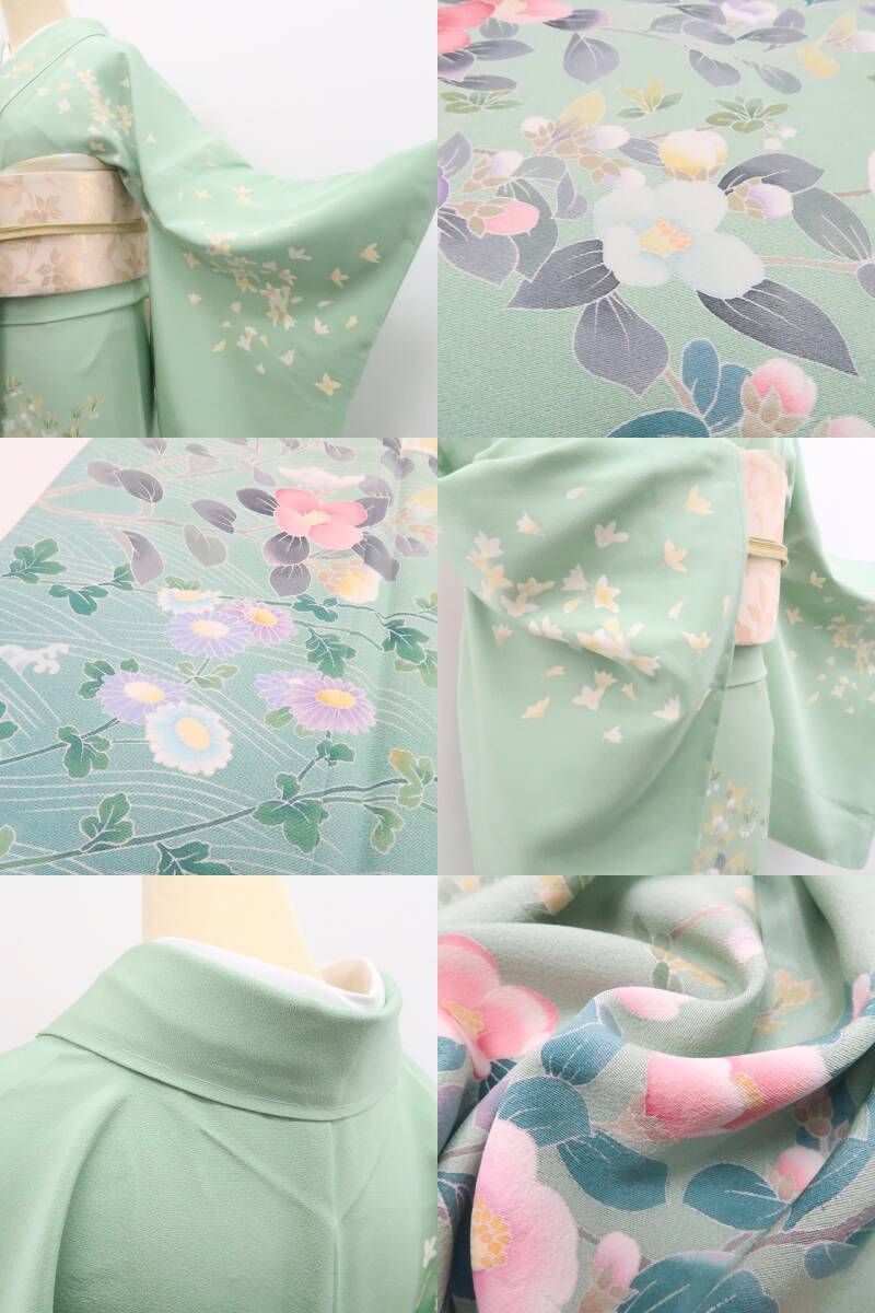【新古品】tomihisa 新品 手描き友禅 椿 着物 正絹 仕付け糸付 トールサイズ 訪問着 7445