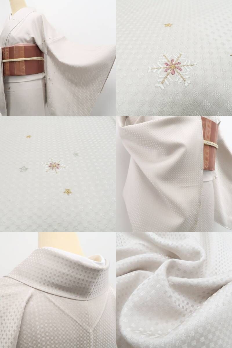 【新古品】tomihisa 新品 刺繍 雪の結晶×星 着物 正絹 仕付け糸付 小紋 7446