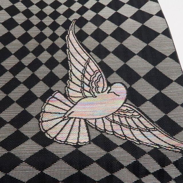 【新古品】tomihisa 新品 斉藤三才 落款 飛翔鳥 モノトーン 着物 正絹 全通 袋帯 7495
