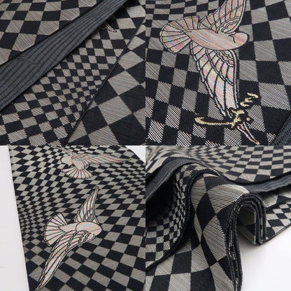 【新古品】tomihisa 新品 斉藤三才 落款 飛翔鳥 モノトーン 着物 正絹 全通 袋帯 7495