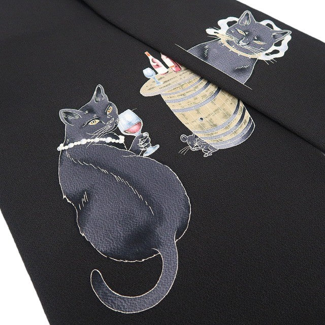 【新品】tomihisa 新品 秀美 お仕立て上がり品 猫 ワイン 着物 正絹 なごや帯 7497