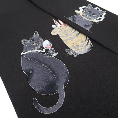 【新品】tomihisa 新品 秀美 お仕立て上がり品 猫 ワイン 着物 正絹 なごや帯 7497