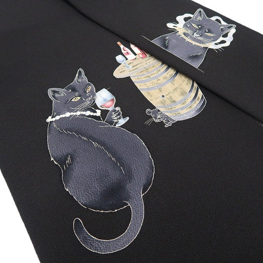 【新品】tomihisa 新品 秀美 お仕立て上がり品 猫 ワイン 着物 正絹 なごや帯 7497