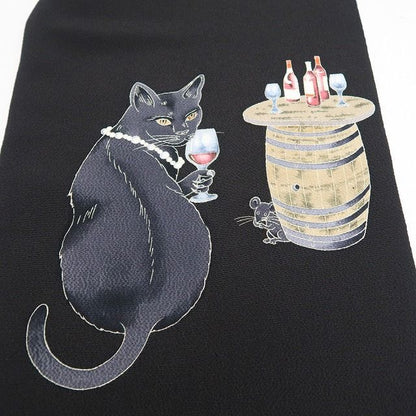 【新品】tomihisa 新品 秀美 お仕立て上がり品 猫 ワイン 着物 正絹 なごや帯 7497