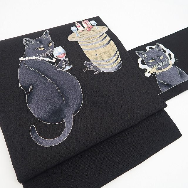 【新品】tomihisa 新品 秀美 お仕立て上がり品 猫 ワイン 着物 正絹 なごや帯 7497