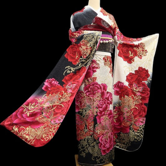 【中古】tomihisa 美品 希少トールサイズ 薔薇 銀通し 着物 成人式 振袖 7504