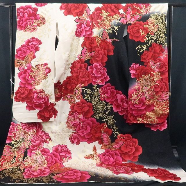 【中古】tomihisa 美品 希少トールサイズ 薔薇 銀通し 着物 成人式 振袖 7504